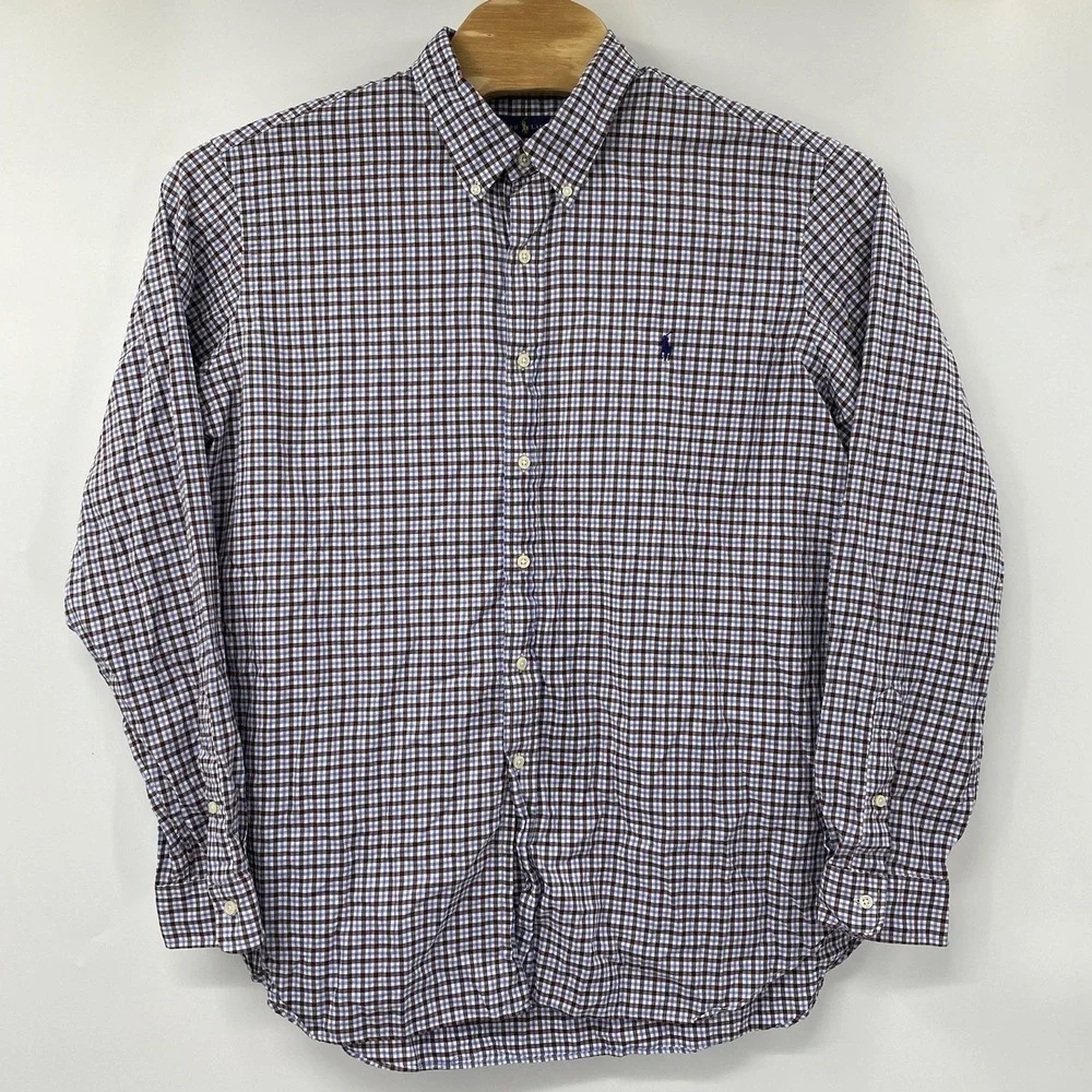 Ralph Lauren Button Down‎ Mens XXL Brown Blue Gingham Check Long Sleeve Shirt